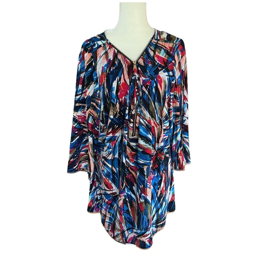 Women's 3/4 Sleeve Colorful Dress Zipper Front Open Flared‎ Sleeves Artsy 22/24